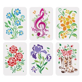6Pcs Music Notes Flower Wall Stencil Templates 11.7 x 8.3 Inch Reusable Plastic Floral Dandelion Stencils for Painting on Wood Wall Floor Fabric Glass Furniture, DIY Home Decor Stencils