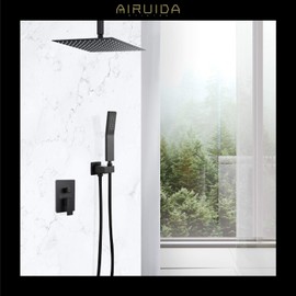 Airuida 12 Inch Square Matte Black Shower Faucet Rough-in Valve Bathroom Luxury Ceiling Mount SUS304 Ultra-thin Rainfall Shower Head Brass Shower All-in-one Handheld Hold Rain Mixer Shower System Set