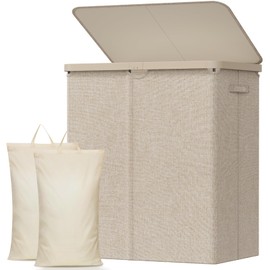 Lifewit 145L Laundry Basket with Lid, Large Laundry Hamper with Plastic Handles and Removable Bag, Foldable Tall Dirty Clothes Hampers for Laundry for Laundry Room, Bedroom, Bathroom, Dorm, Beige