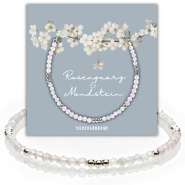 happymaker - Mondstein und Rosenquarz Perlenarmband Damen, handgemacht Edelstein Armband mit Silber 925 Perlen und Verschluss, Silberarmband Geschenkverpackung, Geburtsstein Juni