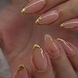 24Pcs Almond Press on Nails French Tip Fake Nails 3D Gilding False Nails Gold Texture Glue on Nails Nude Acrylic Nails Press ons Medium Glossy Artificial Nails for Women Manicure Decoration