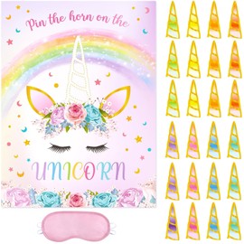 WERNNSAI Pin The Horn on The Unicorn - Unicorn Birthday Decorations Birthday Party Games for Kids Poster with 24 Horn Stickers Girls Rainbow Party Favors Supplies Home Wall Decor
