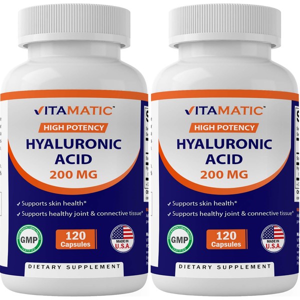 Vitamatic 2 Pack Hyaluronic Acid Supplements 200mg - Supports Healthy Connective Tissue and Joints - Promote Youthful Healthy Skin - Total 240 Capsules