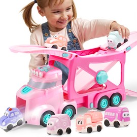Extra Large Toy Trucks for Toddlers, 3-Layer Princess Pink Trucks for 2 3 4 Year Old Girls, 7-in-1 Big Transport Vehicle Carrier Truck with Siren & Lights and 6 Toy Cars, Birthday Gifts for Girls Kids
