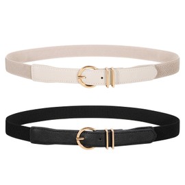WERFORU 2 Pack Women Elastic Waist Belt Gold Buckle Belt,Black+Beige