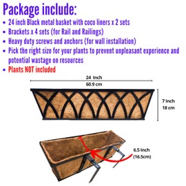 LaLaGreen Railing Planter Boxes (24 Inch, 2 Pack) Black Metal Rectangular Window Flower Box with Coco Liner, Hanging Planters for Outdoor Plants Bracket Holder Deck Rail Fence Balcony Porch Garden