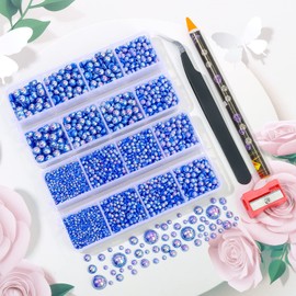 6540PCS Deep Blue AB Resin Flat Back Pearls Rhinestones,Mixed Size 2/3/4/5/6/8/10mm Half Round Pearl Beads Nail Gems Rhinestone with Tweezers and Picker Pencil for Crafts Nail DIY Decoration