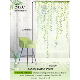 Willow Voile Curtains Cute Green Sheers Leaf Curtain Tulle Vine Window Curtains Nursery Green Sheers Ivy Pretty Curtain for Kids Living Room Bedroom Window Door Balcony (4 Pieces, 39.4 x 106.3 Inch)