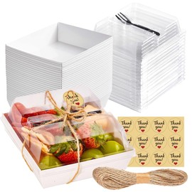 Leafiew Leafiew 50 Pack Small Charcuterie Boxes with Clear Lids and Forks - To Go Paper Mini Charcuterie Box, Disposable Food Containers, 5Inch Dessert Boxes for Cookie, Cake Slice, Strawberries (White)