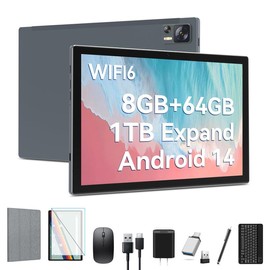 Android 14 Tablet WIFI6 Octa-Core 2 in 1 Tablet with Keyboard, Large Storage 8GB RAM (4+4 Virtual) + 64GB ROM+512GB Expandable, 7000 mAh Battery Tablet 10.1 Inch Screen, Bluetooth/Case/Mouse Android 2-in-1 - Color: Gray
