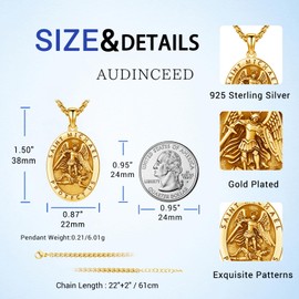AUDINCEED 18K Gold St Michael Necklace for Men 925 Sterling Silver Saint Michael Pendant Archangel Michael Necklace St Michael Medal St Michael the Archangel Amulet Jewelry for Men Women
