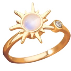 Sun Ring Adjustable Sunburst Rotating Open Ring – Anti-Anxiety Spinner Ring with Crystal Accent, Minimalist Celestial Sun, Stress Relief Jewelry, Boho, Fidget, Sunflower, Elegant (Gold)