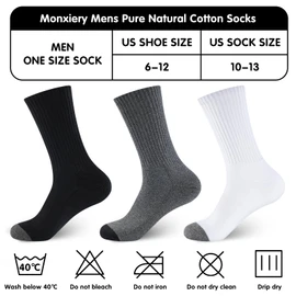 Monxiery Mens 100% Cotton Cushioned Crew Socks, Athletic Performance Moisture Wicking Work socks