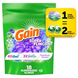 Gain Super Flings Laundry Detergent Pacs, 18 Count, Dewdrop Dream scent, irresistibly clean and fresh washing detergent laundry soap pacs
