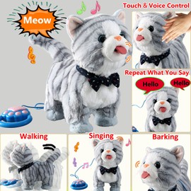 Marsjoy Gray Leash Walking Cat Set Interactive Talking Cat Singing Dancing Kitten Mimicking Repeat What You Say Kitty Touch and Voice Control Nodding Wagging Tail Plush Electric Kitty for Kid Gril