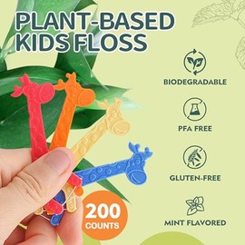 Lakeyface Hilo dental biodegradable para niños, 200 unidades, palillos de hilo dental con forma de jirafa, sin flúor, sin BPA, ecológicos, con sabor a menta, 4 colores, 50 unidades (paquete de 4)
