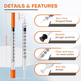 U-100 1mL/cc Lab Syringes with 29G 1/4''(6mm) Needle Disposable Individually Wrapped, Pack of 25