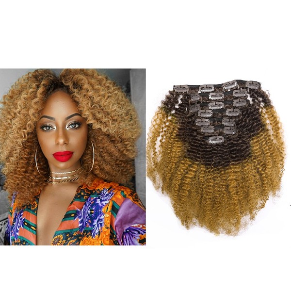 Ombre Remy Clip in Human Hair Extensions Afro Kinky Curly 4B 4C 100% Natural Black Hair Extensions 10-22 inch Two Tone T#1B/27 Natural Black to Strawberry Blonde Full Head (18 inch, Ombre #1B/27 AC)