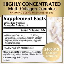 Multi Collagen Supplement 2400mg - Best Hydrolyzed Collagen Complex for Women & Men - with Peptide Type I, II, III, V, X - Hair, Skin, Nail, Bone & Joint Support for Beauty & Wellness - 60 Capsules