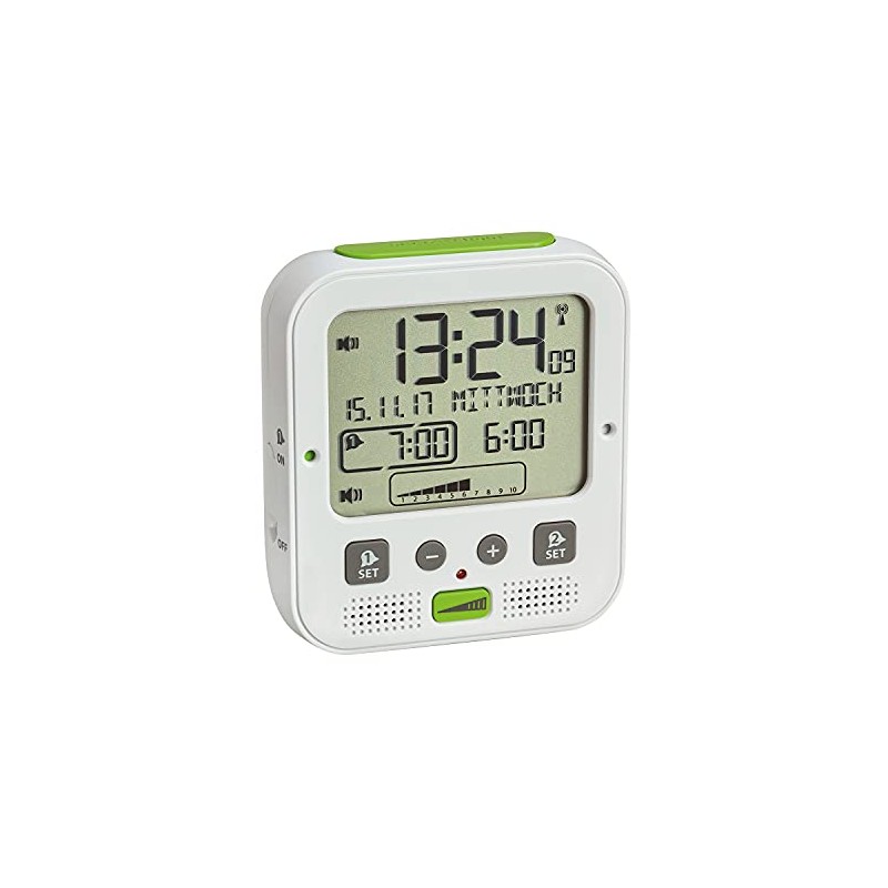 SELVA Radio-Controlled Alarm Clock, White/Green, with Snooze Function, Weekday and
