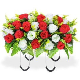 LaLamona Artificial Headstone Flower Saddle, Cemetery Flowers for Grave, Cemetery Saddles for Headstones, Memorial Grave Flowers for Cemetery Tombstone Headstone Decoration (Red with White)