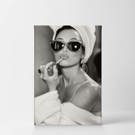 SmileArtDesign Audrey Hepburn Style Canvas Print Lipstick Makeup Iconic Pop Art Beauty Black and White Wall Art Living Room Bedroom Vintage Wall Decor Ready to Hang Made in USA - 28x19