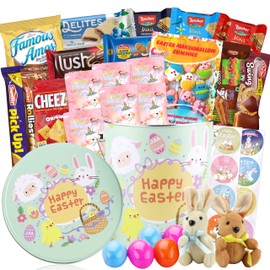 Easter Snack Green Tin Basket (46 Count) Filled with Candy, Treats and Bunny, Great Package for Family, Friends, Kids, Boys and Girls