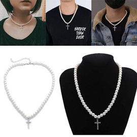 Joocyee Imitation Pearls Chain Vintage Artificial Diamond Cross Pendant Necklace Jewelry,Vintage Diamond Cross Pendant Pearl Necklace,White