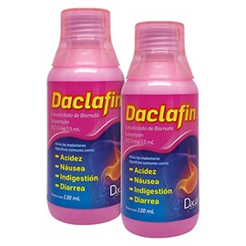 DACLAFIN Alivia Malestar Estomacal Diarrea Ardor en el Estómago Acidez Náusea e Indigestión Suspensión Antiácido Subsalicilato de Bismuto Sabor Cereza (2 Frascos de 120ml)