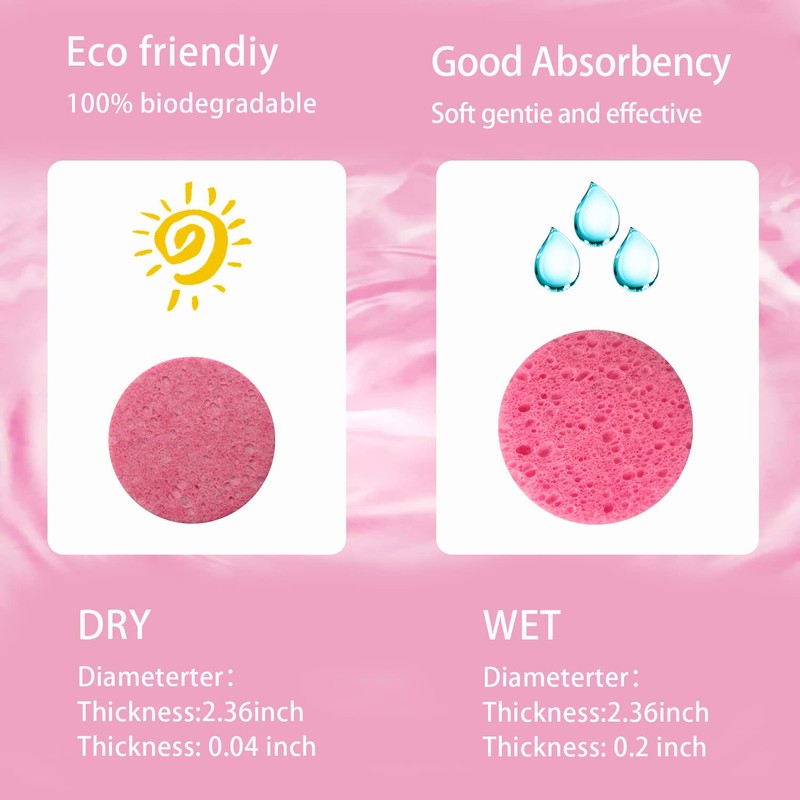 Spunspon 50-Count Facial Sponges, Compressed Natural Cellulose, Pink, Round Shape,