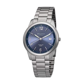 REGENT Men's Watch with Titanium Link Bracelet and Titanium Case 36 mm Diameter Quartz Arabic Numbers Date, blue, Bracelet
