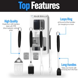 SnS Grills Slow ‘n Sear 7-Piece Professional Grill Tool Set - Stainless Steel BBQ Accessories with Long Handles and TPR Grips