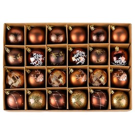 NOTEZMATE Set of 24 Christmas Baubles, Plastic Set, 8 Designs, Christmas Tree Baubles Decoration, Bronze Gold with Hanger, 6 cm, Shatterproof Christmas Tree Decoration, Original for Christmas Trees