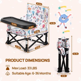 Toddler Booster Seat for Kitchen Chair & Travel - Portable Foldable with Removable Tray, Baby Camping Chair 6-36 Months Indoor Outdoor (Rainbow Floral)