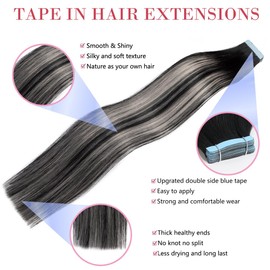 Tape in Hair Extensions Human Hair Ombre Balayage Black Roots to Grey Highlight Black Seamless Invisible Tape in Hair Extensions Colored Straight Real Remy Human Hair Weft 18 Inch 20 Gram 10 Pieces