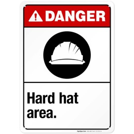 Hard Hat Area Sign, ANSI Danger Sign, 10x14 Inches, Rust Free .040 Aluminum, Fade Resistant, Indoor/Outdoor Use, Made in USA