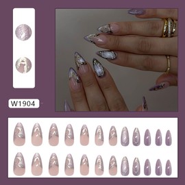 Almond Press on Nails RTKHFZE French Tip Fake Nails Medium False Nails with Gold Designs Artificial Nails Purple Glitter Glue on Nails Cute Summer Stick on Nails for Women 24Pcs