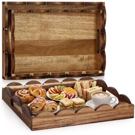 Sawysine 2 Pcs 2 Pcs Wooden Scalloped Tray with Handles Natural Scallop Serving Tray Decorative Wooden Display Plate for Kitchen Coffee Table Home Decoration (Scallop Edged,10x14x2'',8.7x12.6x2'')