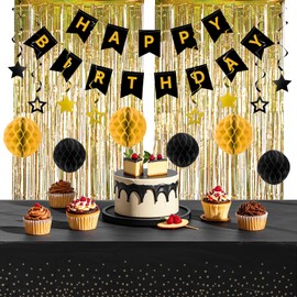 Rishpahu Happy Birthday Banner, Birthday Decorations with 6 Honeycomb Balls, 8 Stars, 8 Hanging Swirl Streamers,2 Black Fringe Curtain, 1 Black Table Cover for Birthday Party, Black and Gold