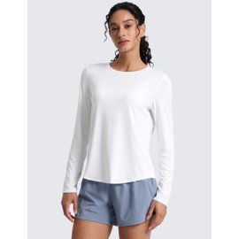 CRZ YOGA Lightweight Workout Long Sleeve Shirts for Women - Gym Running Fall Athletic Training T-Shirts High Neck Tops White Large