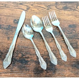 Rogers Vtg ROGERS DREAM ROSE Stainless Tableware Flatware 5 Piece Place Setting NEW