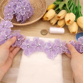 Organza Flower Trim 2 Yards 3D Pearl Beads Flower Lace Trim Embroidered Applique Sewing Craft for Sewing,DIY Crafts,Home Decor (Purple)