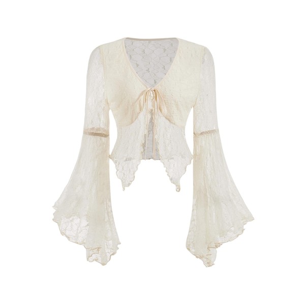 Verdusa Women's Lace Tops Tie Front Bell Long Sleeve Sheer