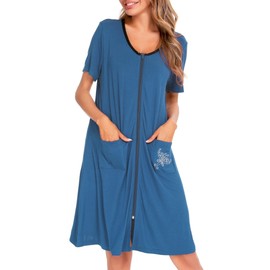 SWOMOG Zipper Front House Coat Women Zip Up Robes Short Sleeve House Dress Lightweight Loungewear Hospital Gowns with Pockets