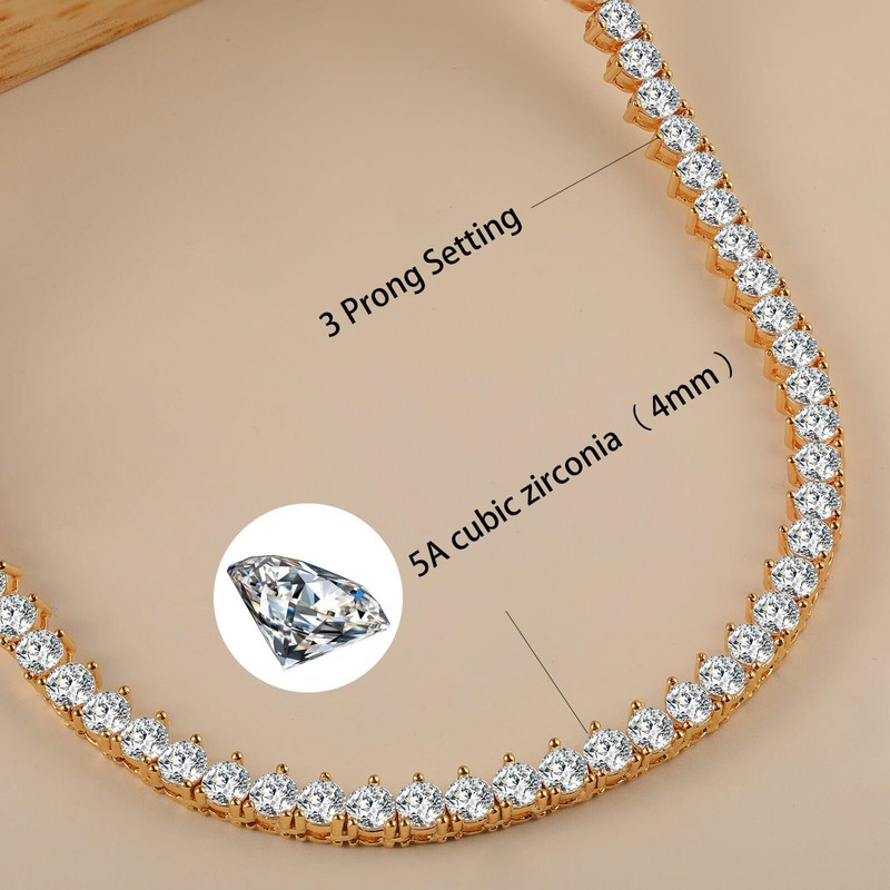 18K Yellow Gold Plated Cubic Zirconia Classic Tennis Necklace for