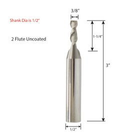 ROHIT 2 Flute C-103 Solid Carbide Up Cut Spiral Router Bits Flute Diameter 3/8" X Cut 1-1/4" X Shank 1/2" X OAL 3" Uncoated