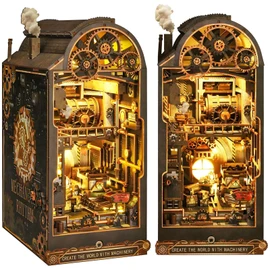 Book Nook, DIY Miniature House Kit, 3D Puzzle Wooden, LED Lights, Decor Crafts for Adults Teen Gifts(Steampunk Industria)
