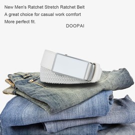 Men's Elastic Leather Ratchet Belt - Braided Stretch Woven Fabric Belt, White, 1 3/8" Width for Golf Pants & Jeans