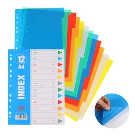FRIUSATE A4 Filer dividers, 3 Pack Folder Dividers, 12 Part Plastic Binder Dividers with Pre-Punched Hole and Assorted Colours, A4 Subject Dividers for Leverl Arch Files