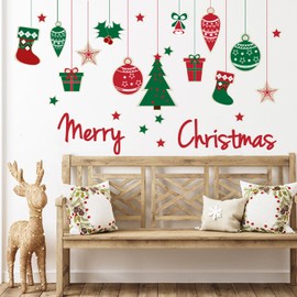 Merry Christmas Wall Decals Red Christmas Gift Xmas Tree Snowflake Wall Stickers Removable Peel and Stick Art Murals for Bedroom Nursery Classroom Kids Room Christmas Party Decoration (Christmas1)